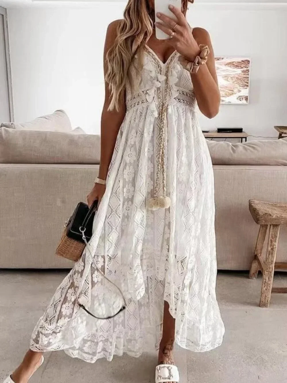 Women's Crochet Lace Maxi Dress Spaghetti Strap V Neck Cami Beach Boho Sundress - Picture 7 of 13